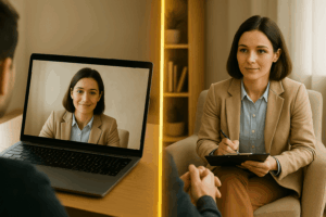Vergleich Online Therapie und Therapie vor Ort – Videogespräch mit Therapeutin versus persönliches Gespräch in der Praxis